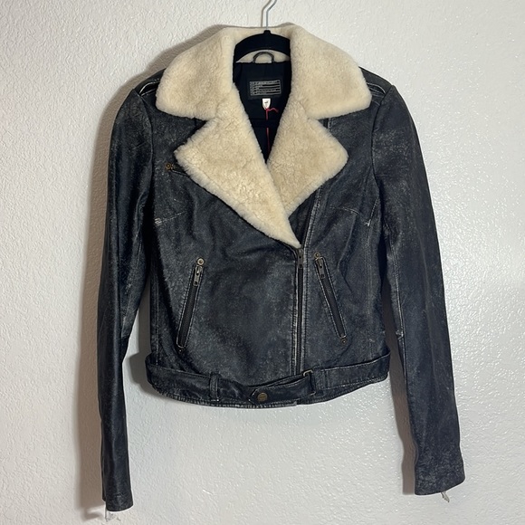 NWT Current/Elliott The Shearling Leather Biker Black Jacket Sz 1 - Picture 6 of 11